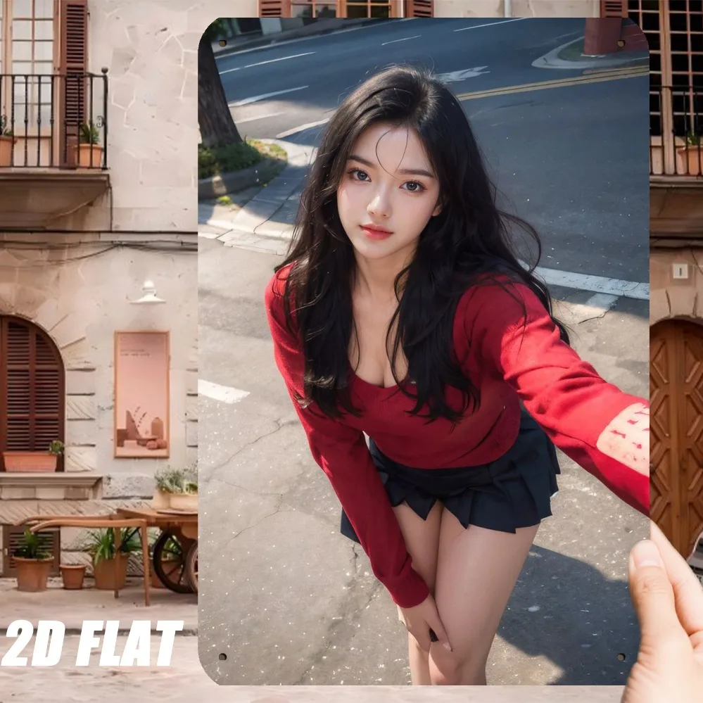 Plaque murale en métal HD, motif fille asiatique mignonne en pull rouge et jupe plissée, pour décoration murale style selfie de rue