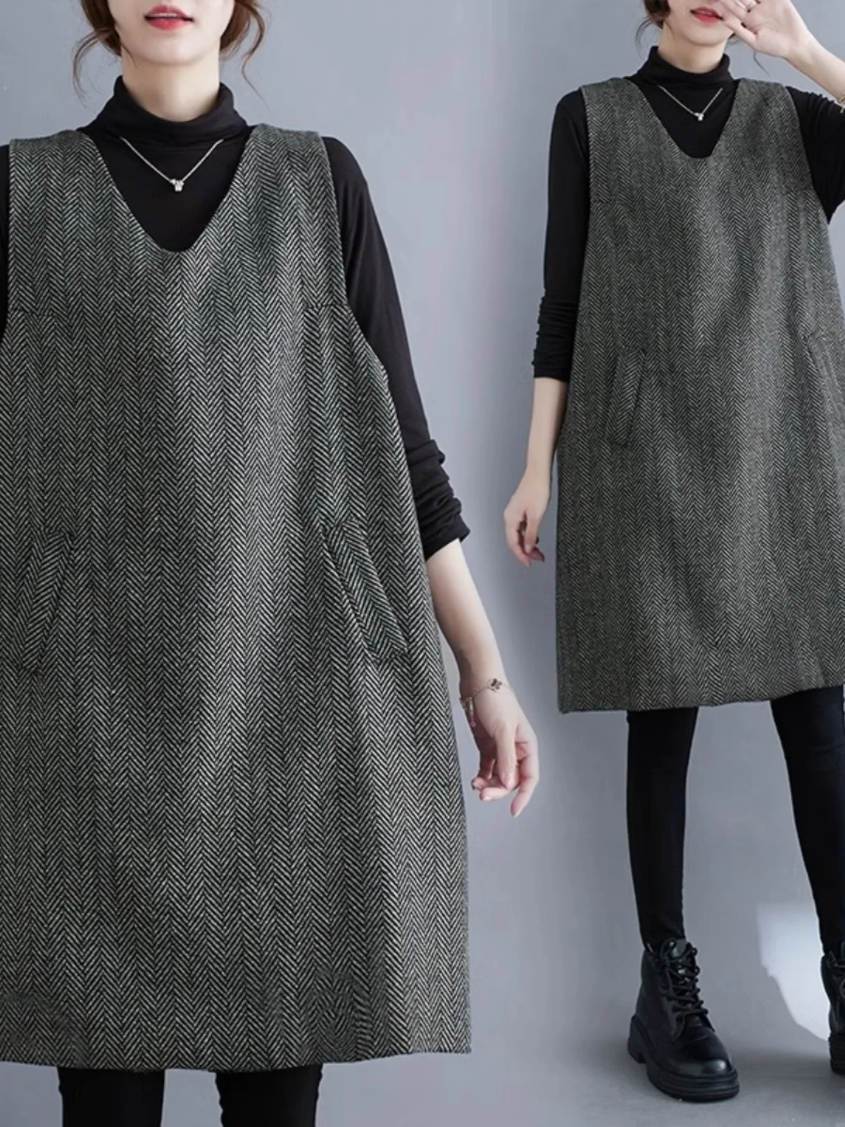

Casual Woolen Vest Skirt Midi Length Loose plus Size Base Layer Women's Faion Korean Sle round Ne No Sve Autumn Winter