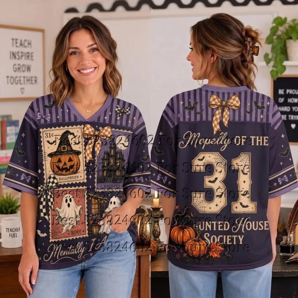 Halloween Spooky Squad Graphic Mesh Jersey Shirt Women Cute Ghost Pumpkin  V Neck Short Sleeve Loose Sport Trick Party Outfit