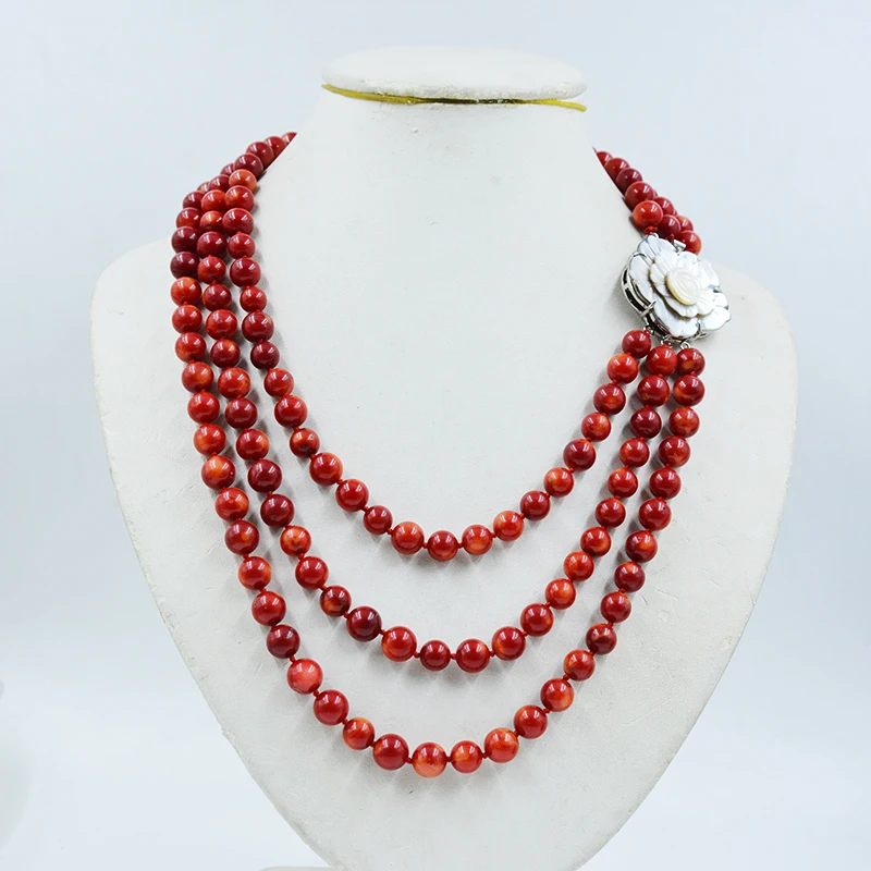 

3 rows 8MM natural red coral necklace. Women's engagement jewelry