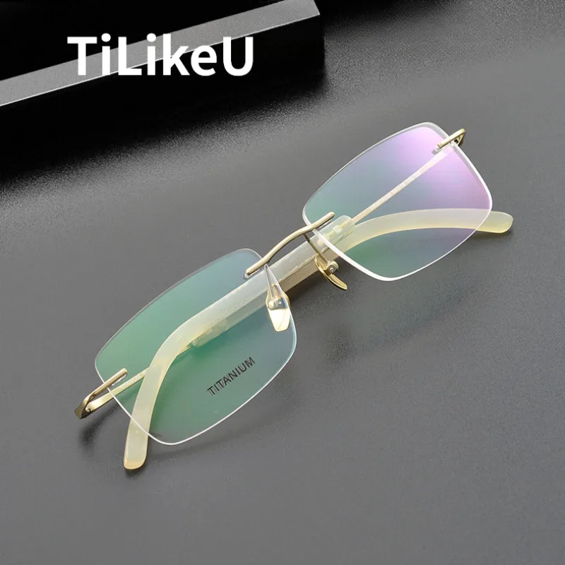 

New Natural Ox Horn Handmade Ultralight Pure Titanium Eyeglasses Frames Classic Men Square Business Rimless Myopia Glasses Frame