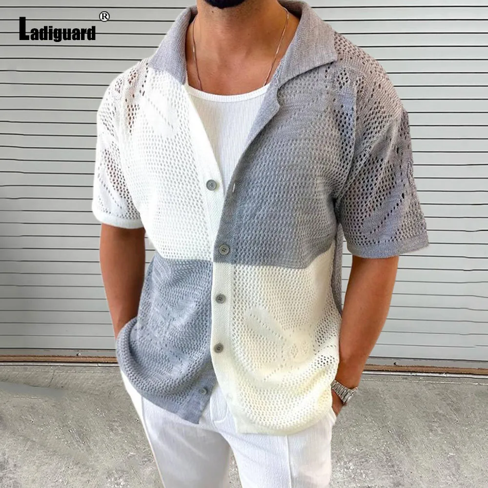 Ladiguard 2024 New Knitting Sweater Men Short Sleeve Patchwork Top Shirt Mens Casual Thin Beach Cardigans Lepal Collar Knitwear