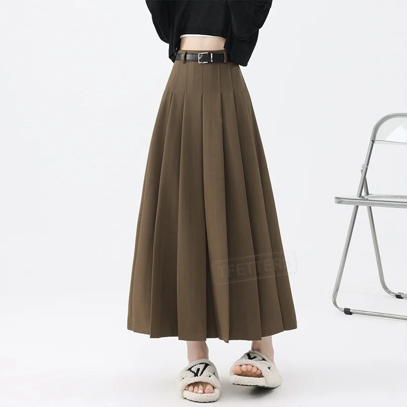 TFETTERS Spring Autumn Women High Waist Suit Fabric Pleated Long Skirt with Belt Maxi Skirt Elegant Vintage Office Casual Skirt
