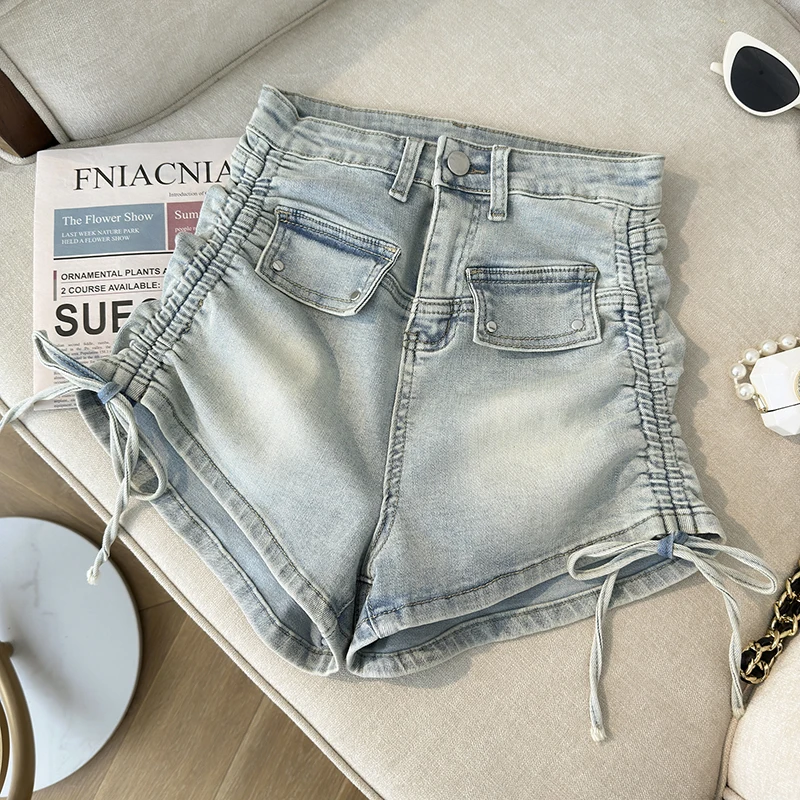 

New shorts for summer 2024 Chic drawstring pleated denim shorts High waisted A-line retro American Sexy Spice denim slim pants