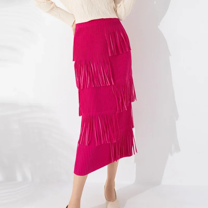 

Miyake Tassel Skirt Women's Fashionable Solid Color Versatile Elastic Waist Straight Hip Skirt 2023 Autumn and Winter New Style