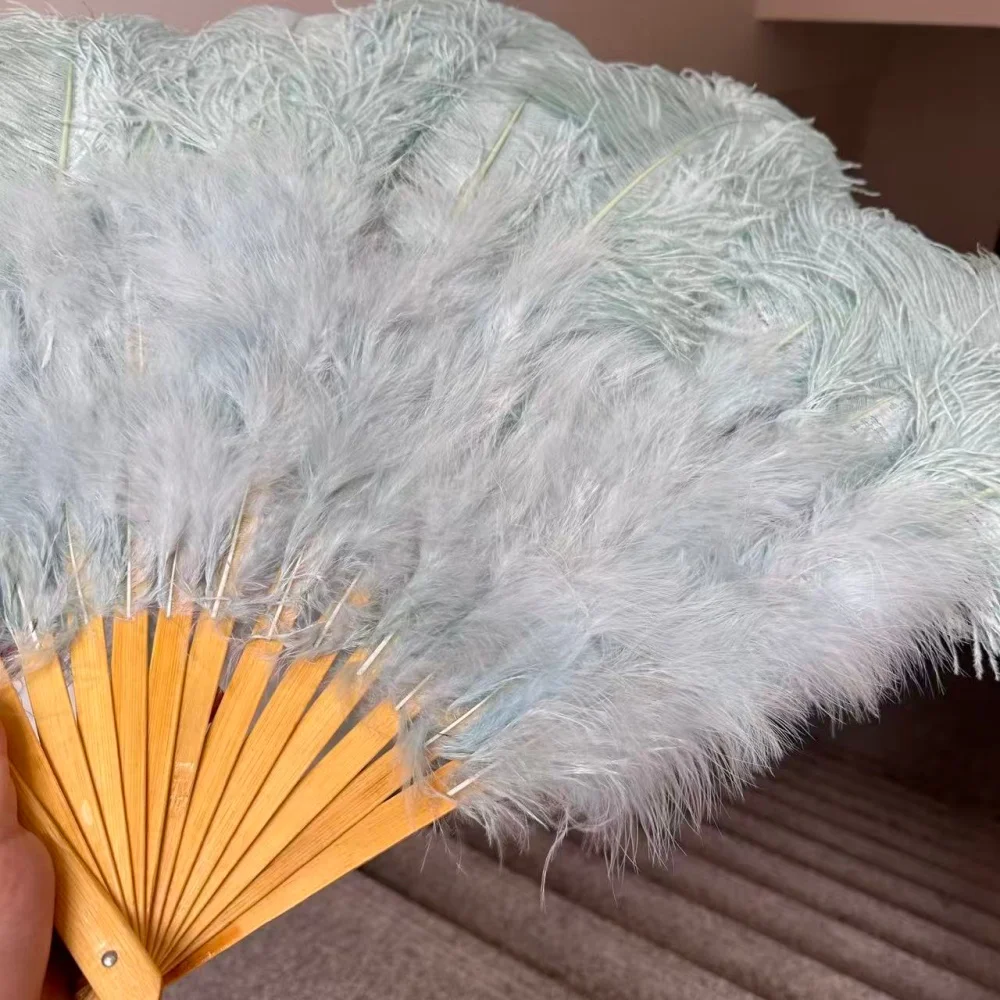 130CM Big Light blue Ostrich Feather Fan 13 Bone Hand HeldPlumes Fan for Wedding Party Belly Dance Stage Performance Photography