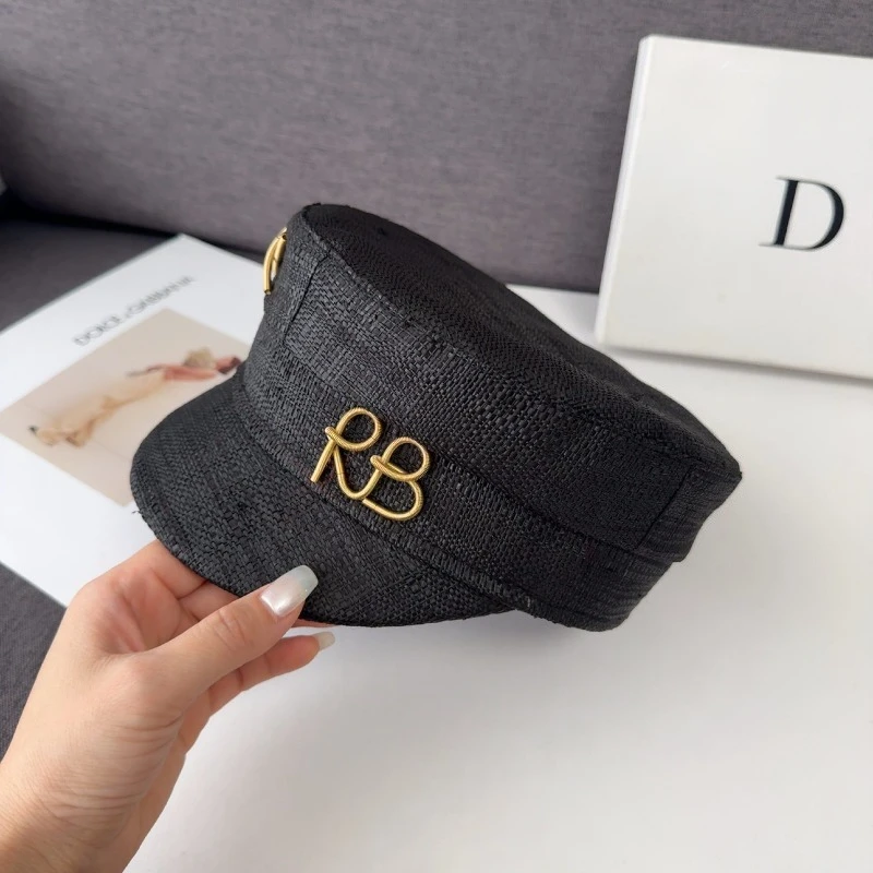 Retro Black Gold Letter Raffia Hat Beret Newsboy Hats for Women Vintage Flat Top Captain Military Chic Designer Chapeu Cap Gorra