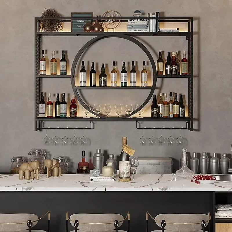 Modern Wine Storage Rack Wall Mounted with LED Light with Wine Glass Holder,Iron Bar Liquor Shelf,Floating Wall Wine Shelves