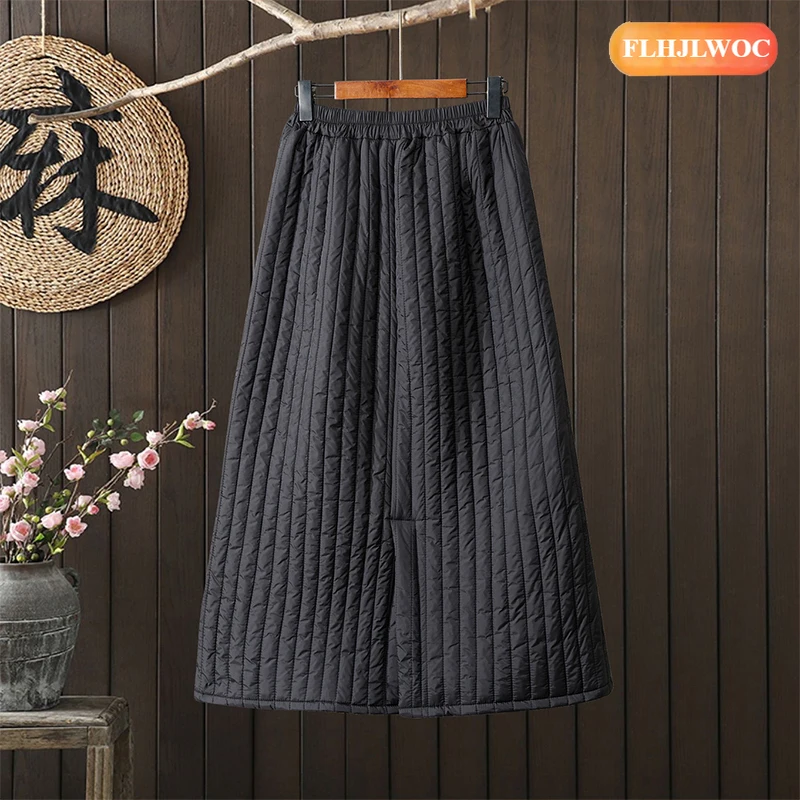 暖かい冬用スカート ホットセール 2026 FLHJLWOC ブランド 新年 女性 日本 ガールズ レトロ ヴィンテージ ポケット付き スリット入り ブラック ロング 厚手スカート