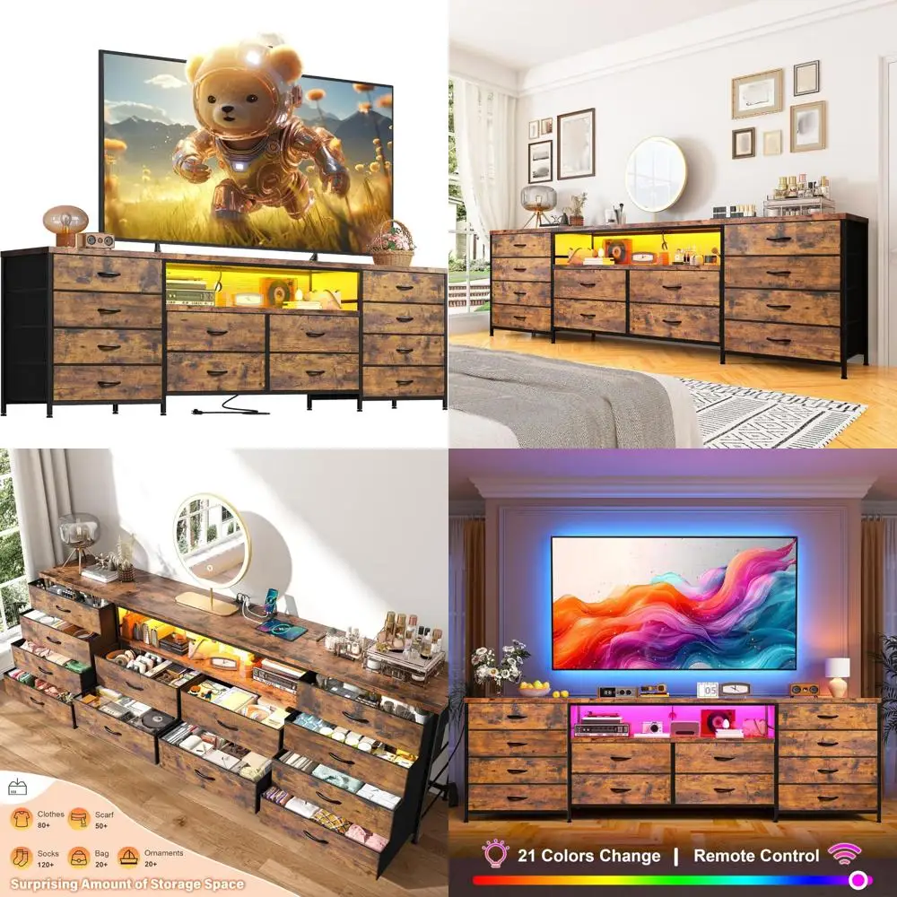 Large prise de courant éclairée par LED, meuble TV de 65 à 70 pouces avec commode en tissu pour chambre à coucher