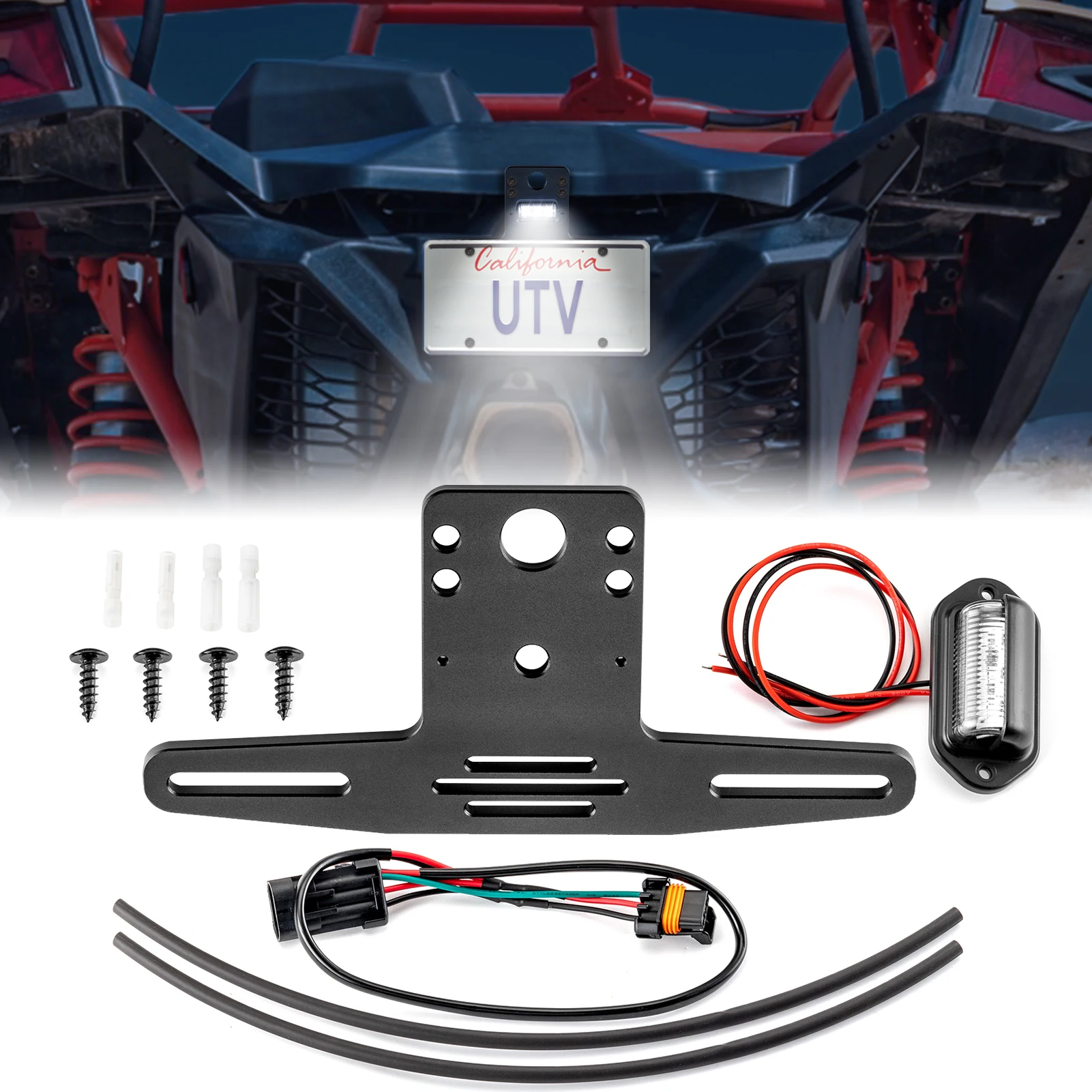 UTV LED License Plate Frame Light Bracket Lamp Holder with Auxiliary Power Plug Harness for 2017+ Can-AM Maverick X3 Accessories