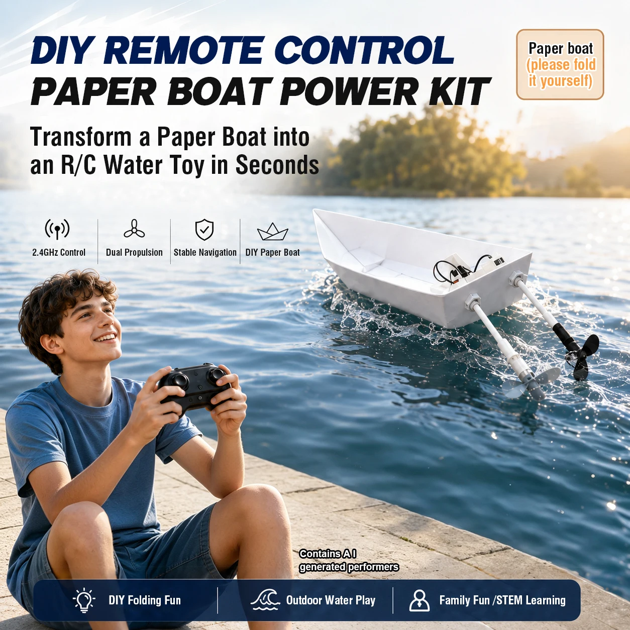 2.4G Remote Control Boat Toy DIY RC Paper Boat STEM Dual Motor Handmade Edcational Model Outdoor Swimming Pool Interactive Game