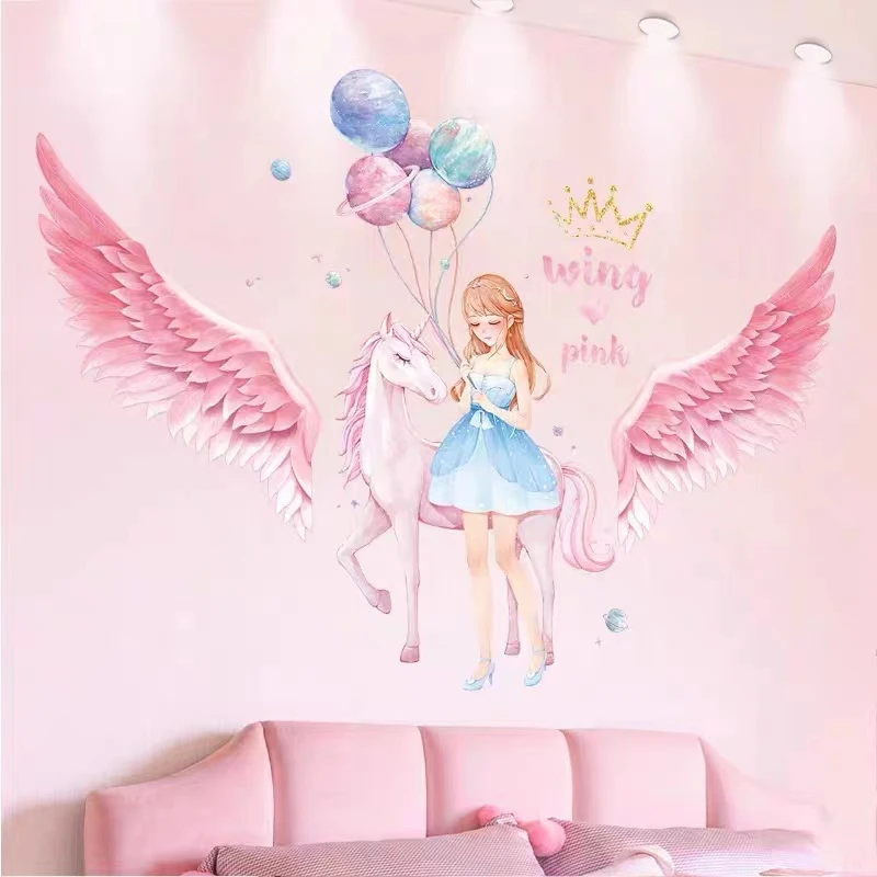 Queen Angel DIY Pink Feather Wings Wall Decal Ballet Girl Sky Castle Wall Decal Girl Room Home Decoration Art Wall Decal