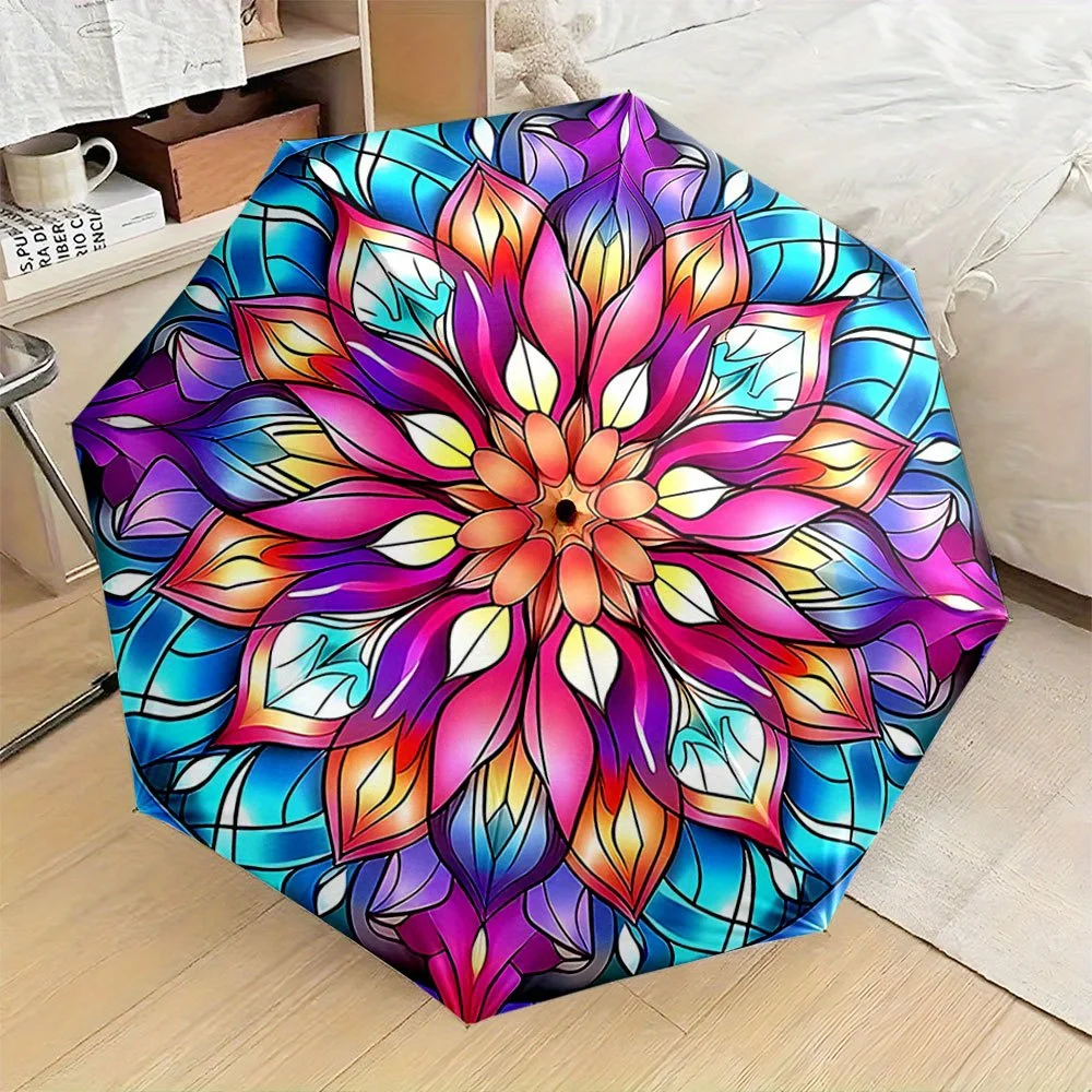 

Automatic Folding Umbrella with Mandala Design - Auto-Open/Close, 8-Rib Compact & Portable with Handle, Windproof & for /, Mul