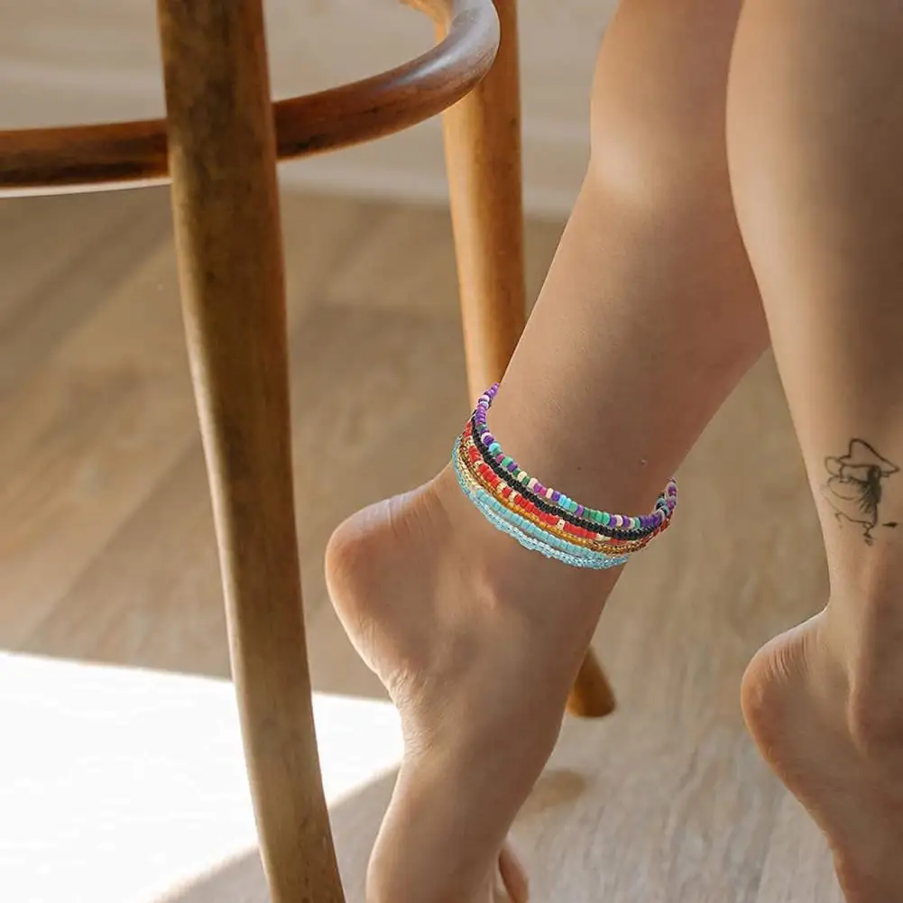 Bohemian Bead Anklet Rope Bead Anklet 24 Pcs Beach Bead Anklets Set Colorful Rainbow Bohemian Style Stretch Bracelets Elastic