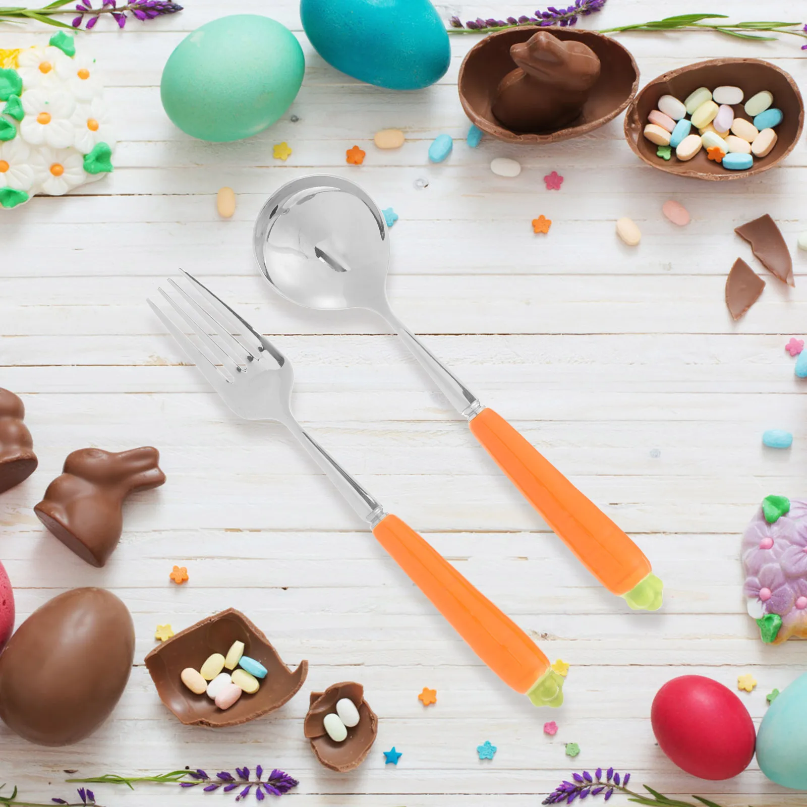 

2 шт., пасхальная детская ложка с изображением моркови, набор вилок, детские столовые приборы, многофункциональные столовые приборы для супа, риса, десерта, столовой, детская ложка, вилка