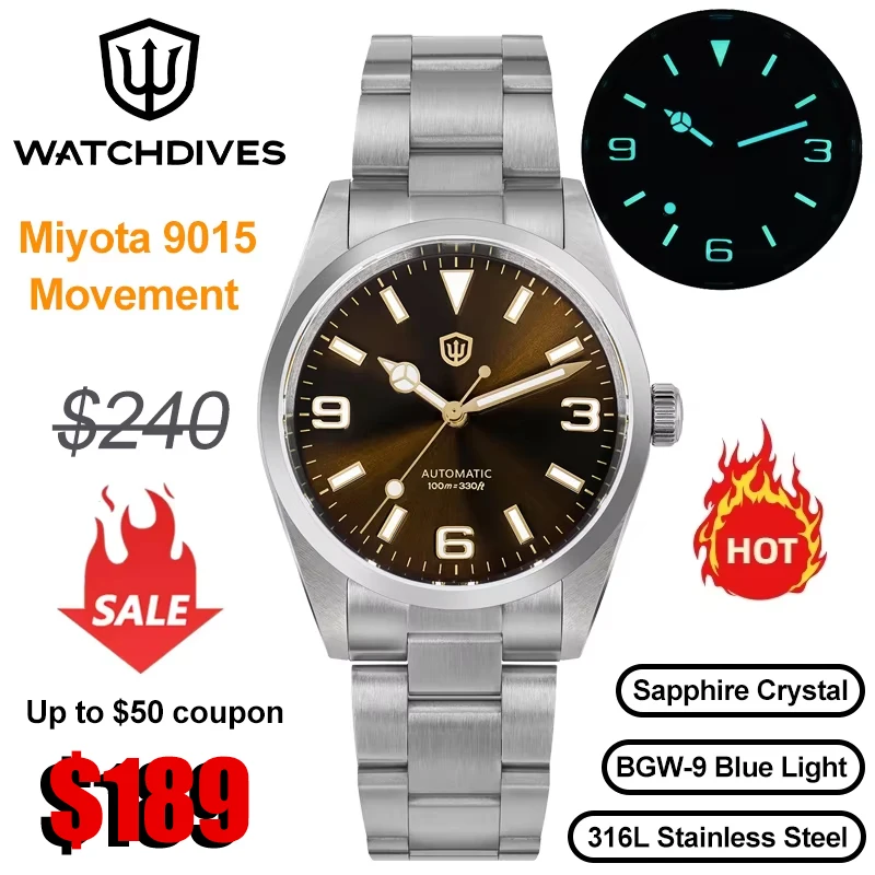 

Watchdives Новые роскошные механические часы WD6610 Miyota 9015 Механизм с сапфировым стеклом AR Светящиеся 100 м Водонепроницаемые автоматические часы 37 мм