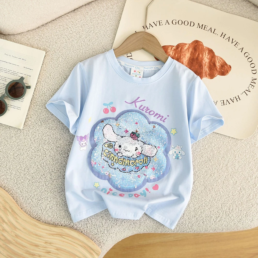 Cinnamoroll Sanrios Kids Short Sleeved Melody Kuromi Cartoon Anime T-Shirt Summer Tops Breathable Youngsters Sequin Short Sleeve