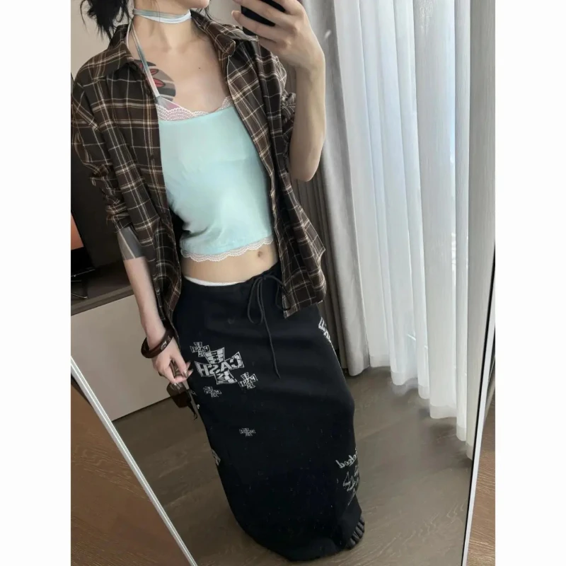

Harajuku Printed Long Skirts Women 2025 Autumn Drawstring Waist Casual Split Skirt Vintage Y2k Gothic Faldas Streetwear
