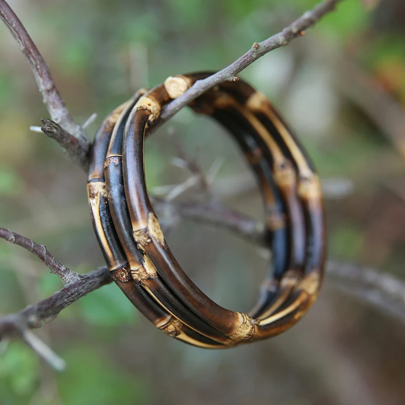 Nilerun Vintage Retro Unique Handmade Three Circles Rings Twisted Stacked Wide Rattan Black Natural Bamboo Root Bracelet Bangle