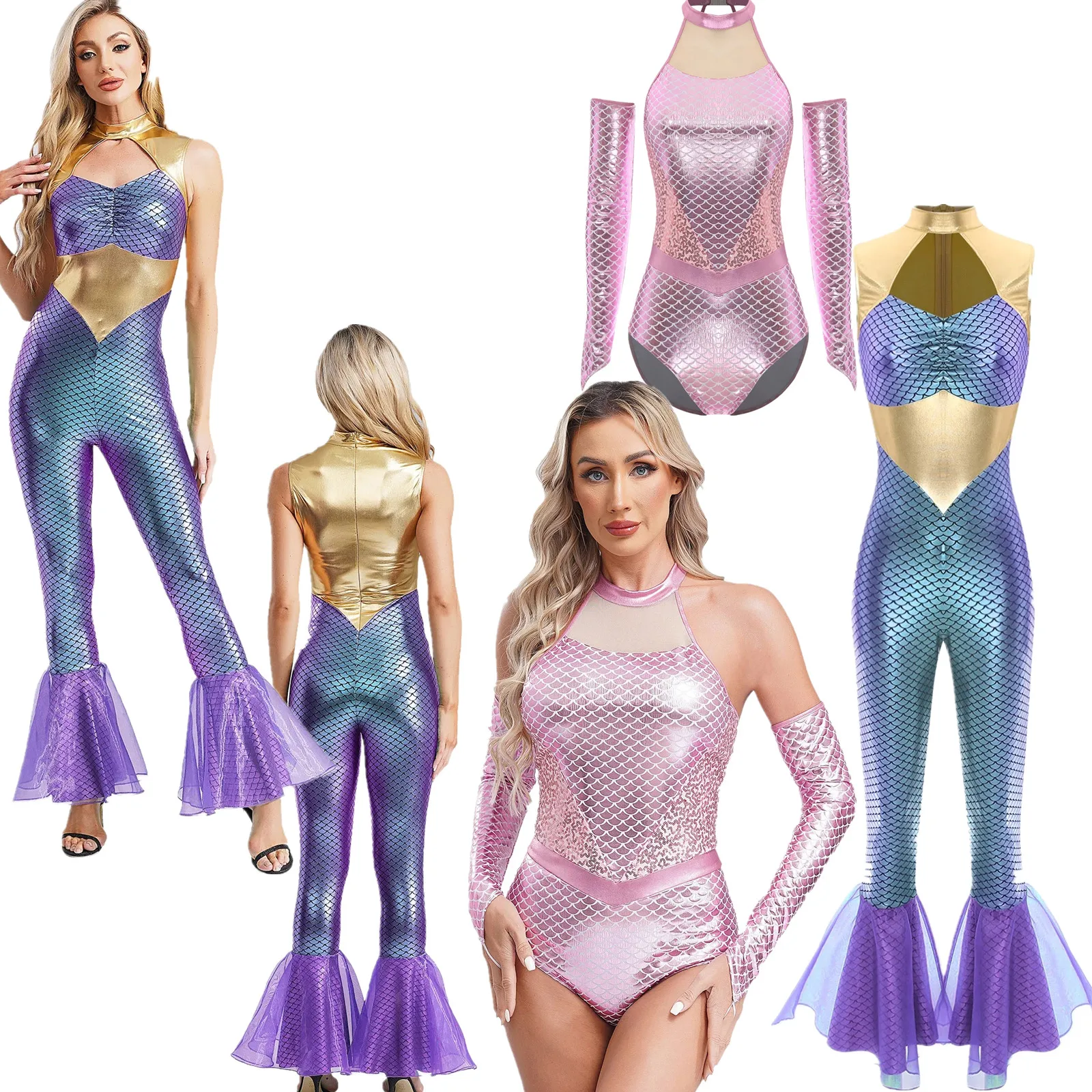 

Women Shiny Mermaid Cosplay Gown Fancy Dress Up Metallic Fish Scales Pattern Jumpsuit Mermaid Role Play Halloween Party Costume