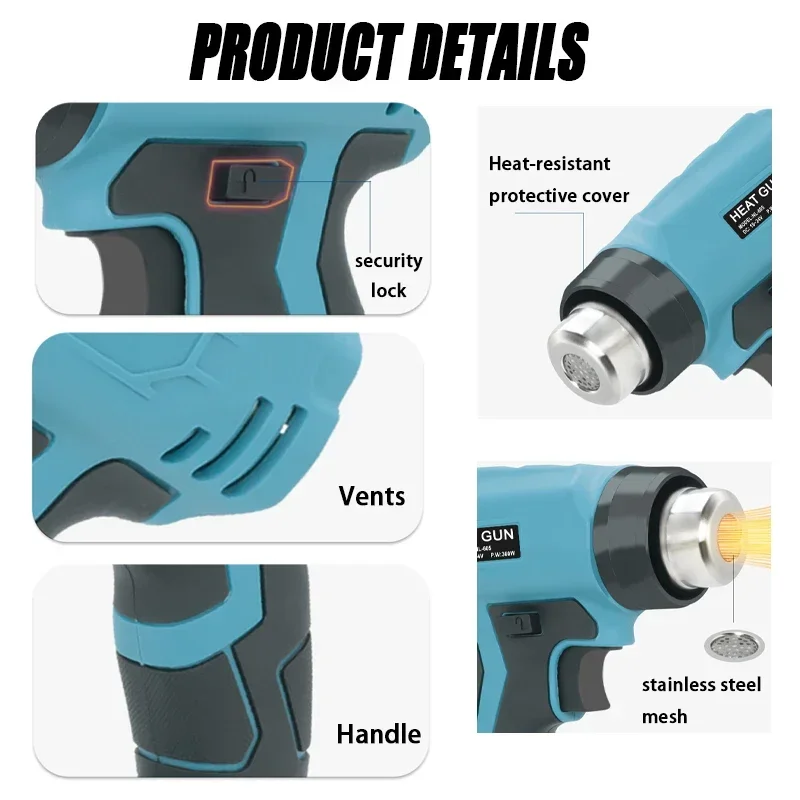 Imagem -04 - Pistola de ar Quente Portátil Aquecimento Rápido Pistola de Calor Bicos Makita Dewalt Milwaukee Bosch Black & Decker Bateria 18v 20v