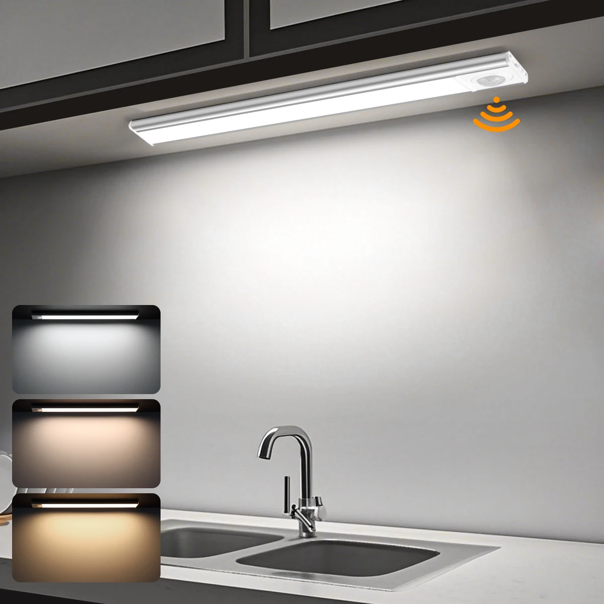 

Ультратонкие светодиодные светильники под шкафом, перезаряжаемая 3-цветная лампа с датчиком движения, светодиодный светильник для кухни, спальни, гардероба, декора шкафа