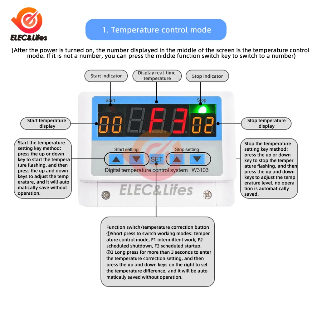 W3103 AC 220V Digital Thermostat 30A Temperature Controller Switch Wall Hanging DC 12V 24V Thermostat Temperature Sensor