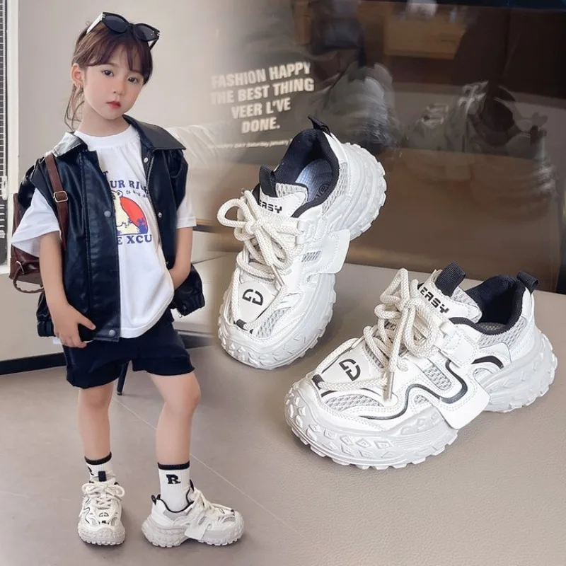 2024 Kids Sport Shoes Fashion Cross-tied Mesh Breathable Boys chunky Sneakers Autumn Children Girls Outdoor Running Shoes