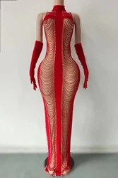 Ten Black Retro Sexy Open Back Cross VelvetPrinted Temperament Slimming Back Split LongDress Performance Costume A593