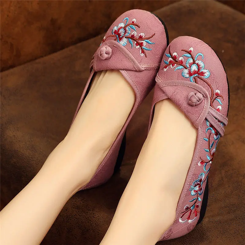 Veowalk Soft Light Comfortable Women Cotton Fabric Ballet Flats Spring Autumn Slip On Chinese Embroidered Walking Working Shoes