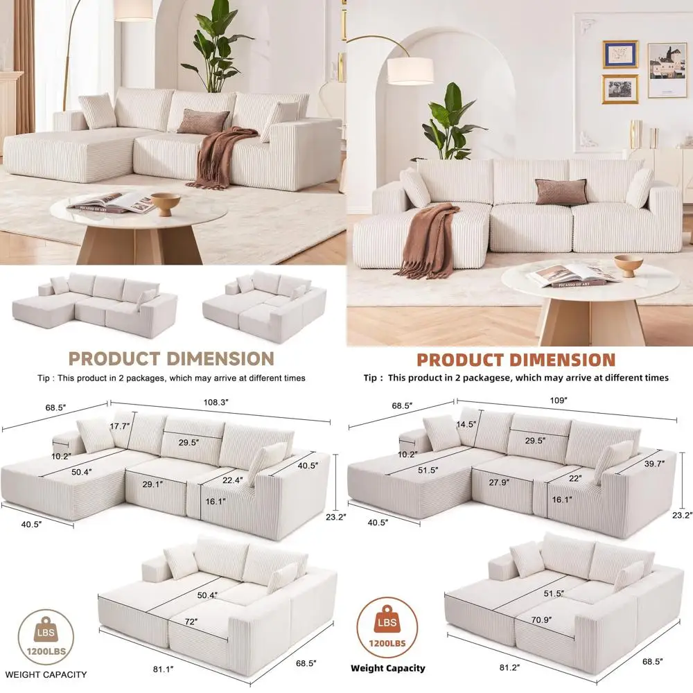

Deep Seated Cloud Sectional Sofa with Chaise for Living and Bedroom (Beige)