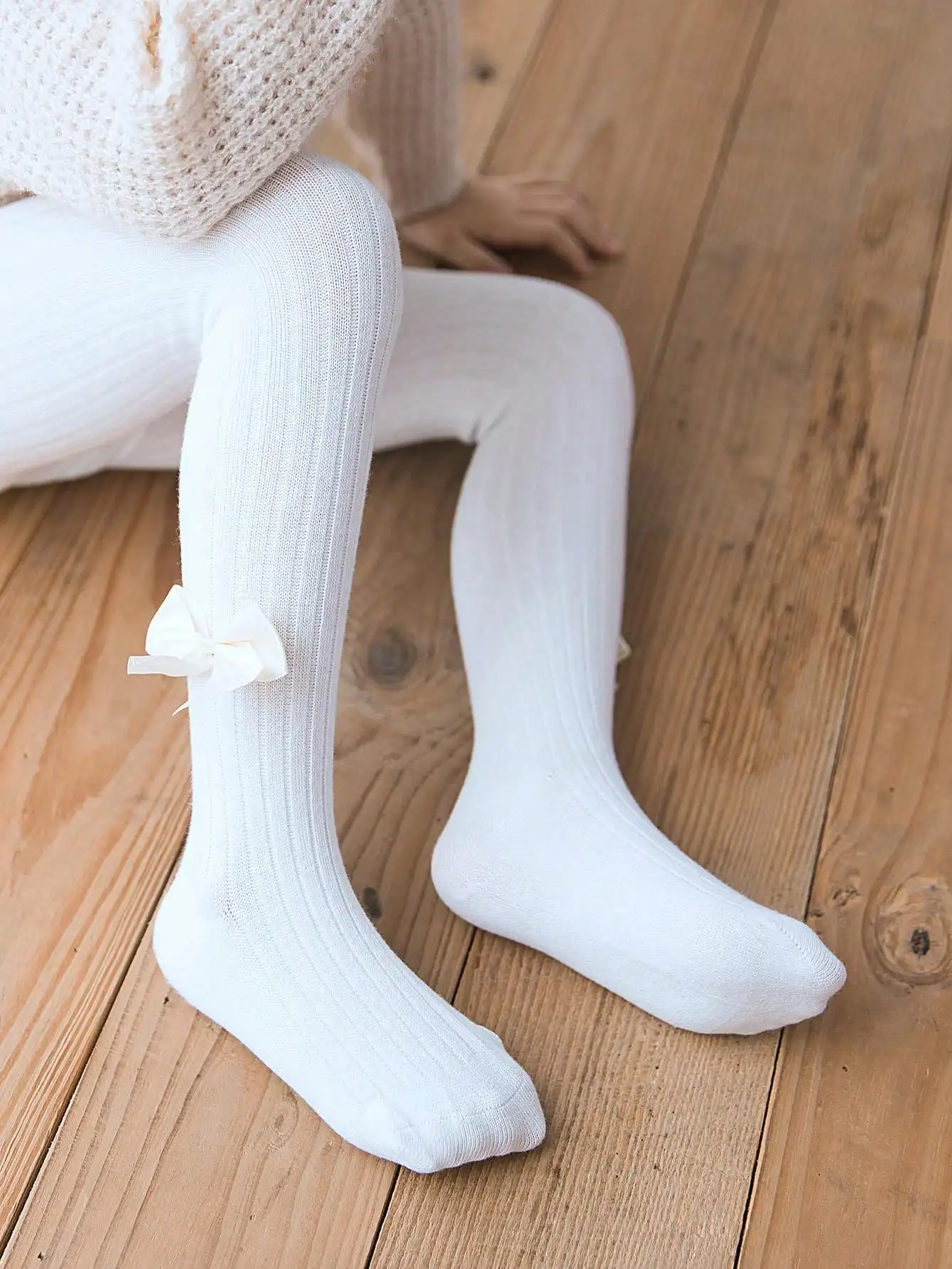 Kids Girls Cotton Knitted Tights Lovely Satin Bow Decor Girls One-Piece Pantyhose Soft Elastic Skin-Friendly Breathable Leggings view 5