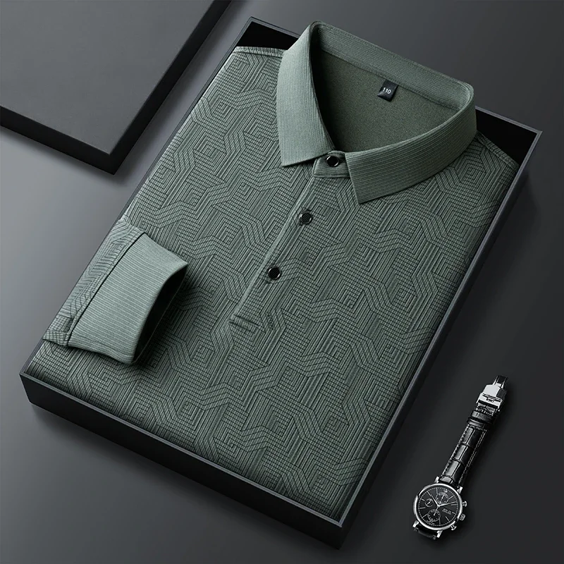 قميص بولو رجال الأعمال الجديد بأكمام طويلة مع شارة بلون سادة، قميص بولو عصري مريح ومتعدد الاستخدامات