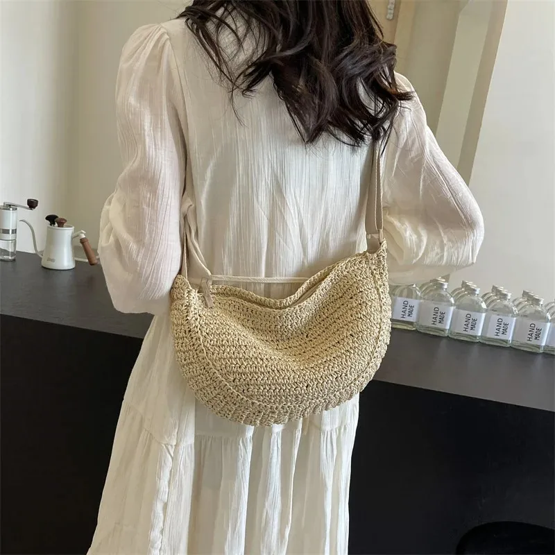 Straw Crossbody Bags Women Fashion Korean Solid Color Handbags 2024 New Summer Weave Beach Vacation Bag Travel Handbags Female