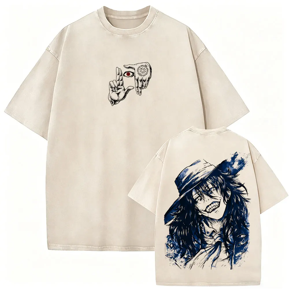 Washed Vintage Anime Hellsing Vampire Alucard Head Graphic T-shirt Men Manga Gothic Rock T-shirts Male Retro Oversized T Shirt