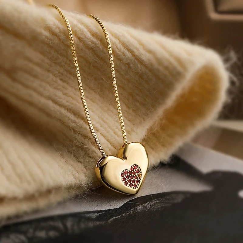 GANPUP Stilvolle Elegante Funkelnde Herz-Halskette mit Rotem Zirkonia-Anhänger für Damen, Modische Schlüsselbeinkette, Choker-Schmuck, Geschenk – Detail 6