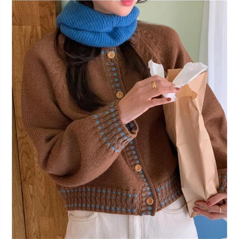 เสื้อสเวตเตอร์ถักไหมพรมผู้หญิง คาร์ดิแกน แขนยาว คอทรงโอ แขนสั้น เสื้อสเวตเตอร์ถักไหมพรม คาร์ดิแกนผู้หญิง เสื้อท่อนบน เสื้อถักไหมพรม ซูเออร์ส เด มูเฮร์ Q1469