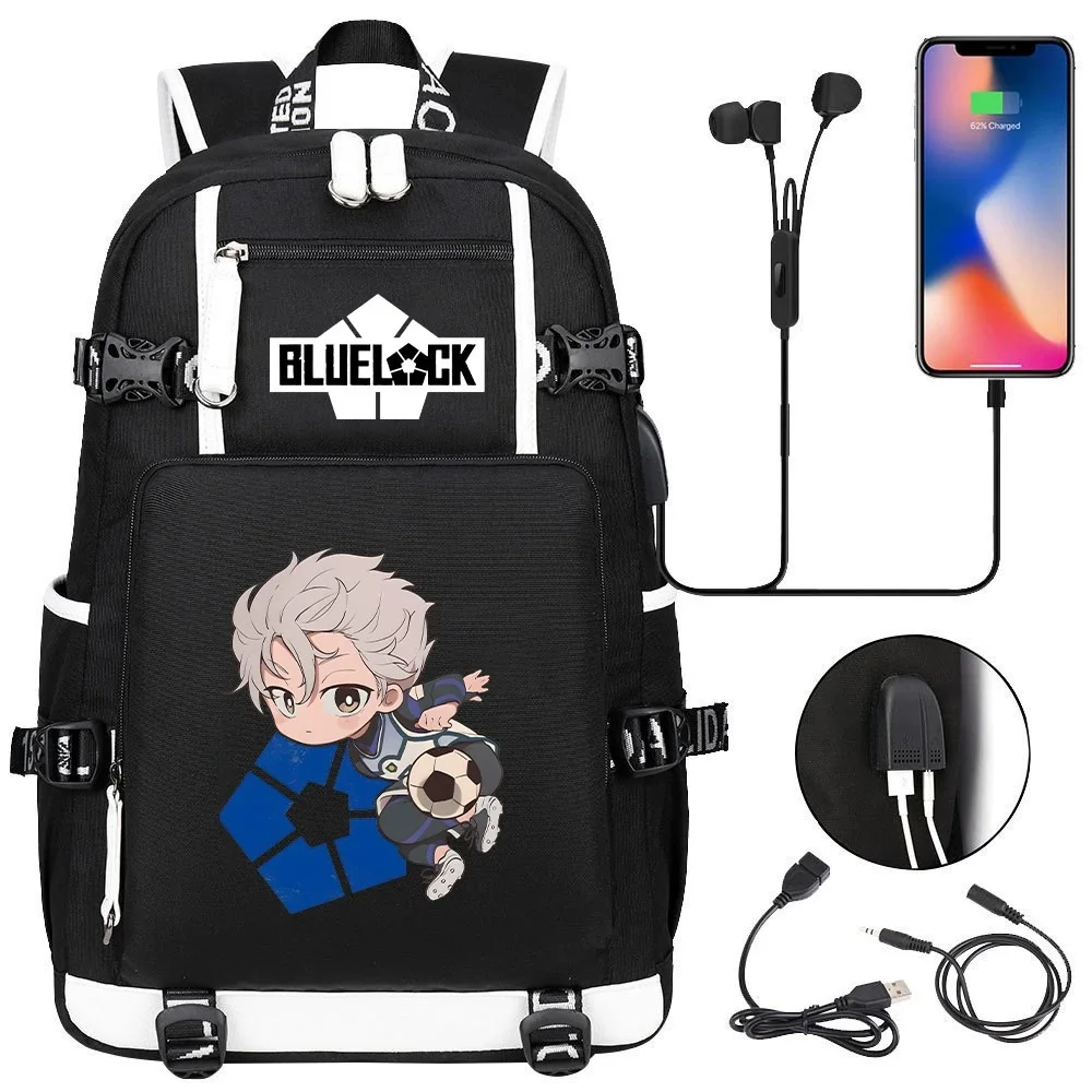 

Новый дорожный рюкзак для мужчин и женщин с синим замком, аниме, модные школьные сумки с зарядкой через USB, рюкзак Isagi Yoichi с узором Mochila Hombre