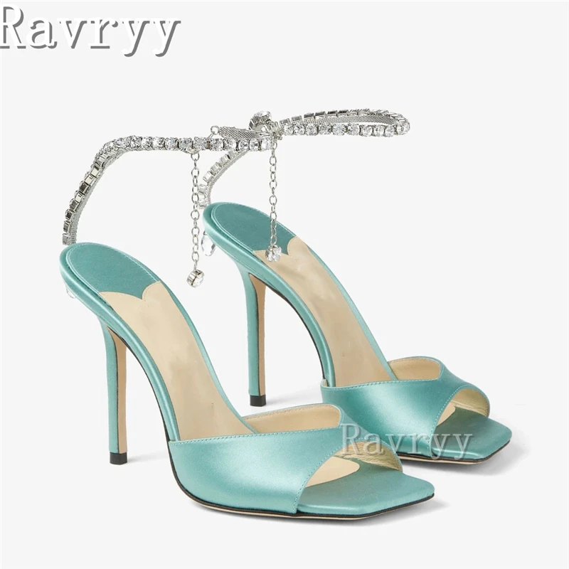 Square Open Toe Satin Sandals with Crystal Chain Women Thin High Heel Ankle Strap Shoes Luxury Party Wedding Bride Shoes