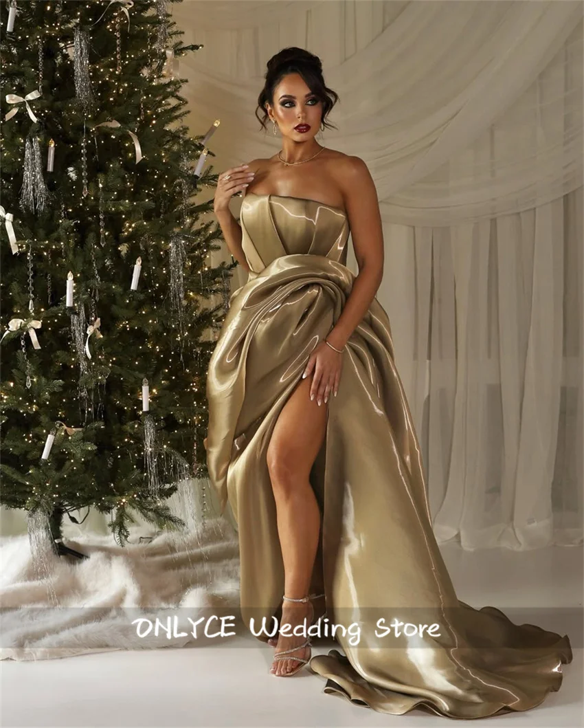 Robe de soirée dorée personnalisée, tenue de soirée d'anniversaire sans manches, ligne a plissée, dos nu, robes de bal de luxe