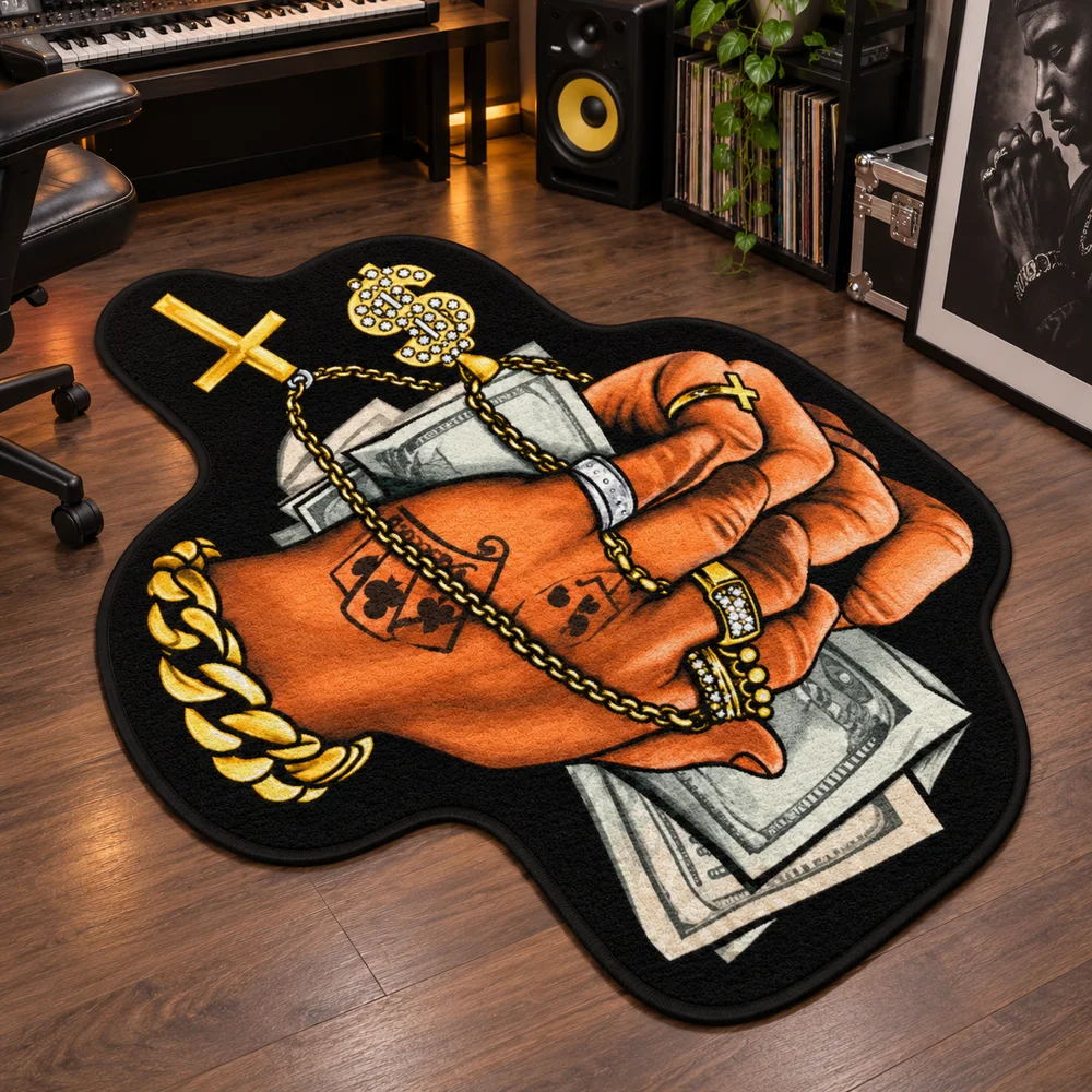 Rap Tattoo Hand Money Shaped Rug, Bold Street Art Floor Mat, Creative Irregular Decor for Bedroom, Living Room, Studio Game Room