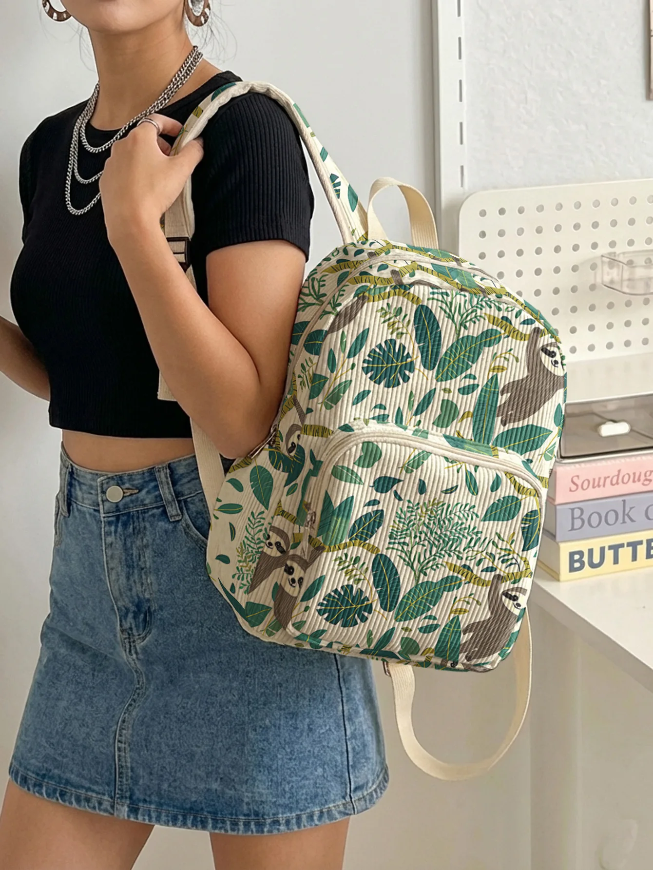 Sloth Tropical Leaf Allover Print Backpack Corduroy Multi-pocket Large Capacity School Travel Backpack