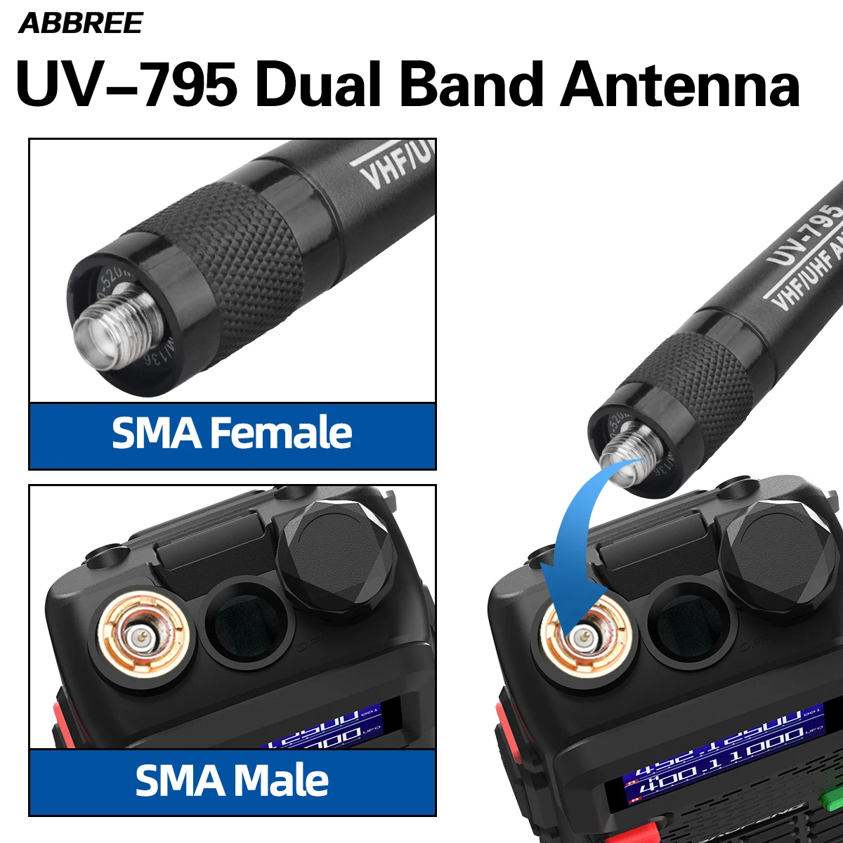 ABBREE UV-795 SMA-Female Walkie Talkie Antenna UHF/VHF Dual Band High Gain Antenna For Baofeng UV-32 BF-888S Quansheng UV-K6
