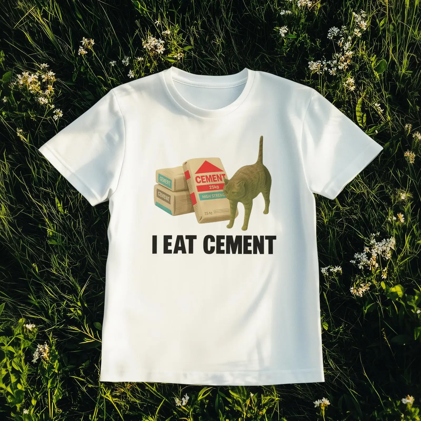 I Eat Cement Cat T Shirt Absurd Weirdcore  vintage Washed homme Top For Everyday Wear Comfortable Unisex Slightly Stylish