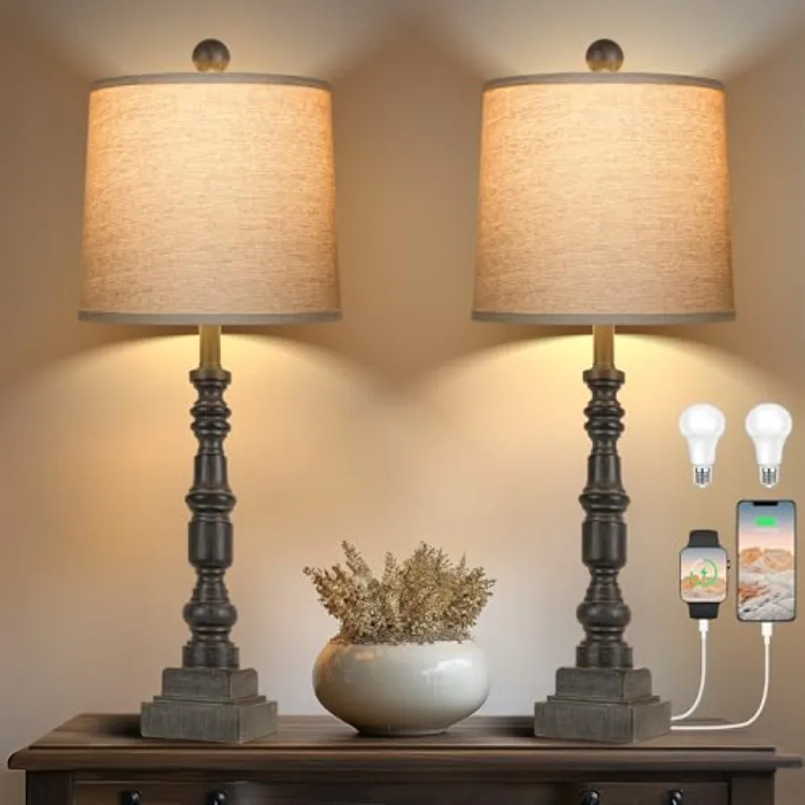 

28" Table Lamp for Living Room Set of 2, Rustic Buffet Lamps with USB A+C, Farmhouse Bedroom Lamp, Vintage Mid Century Bedside