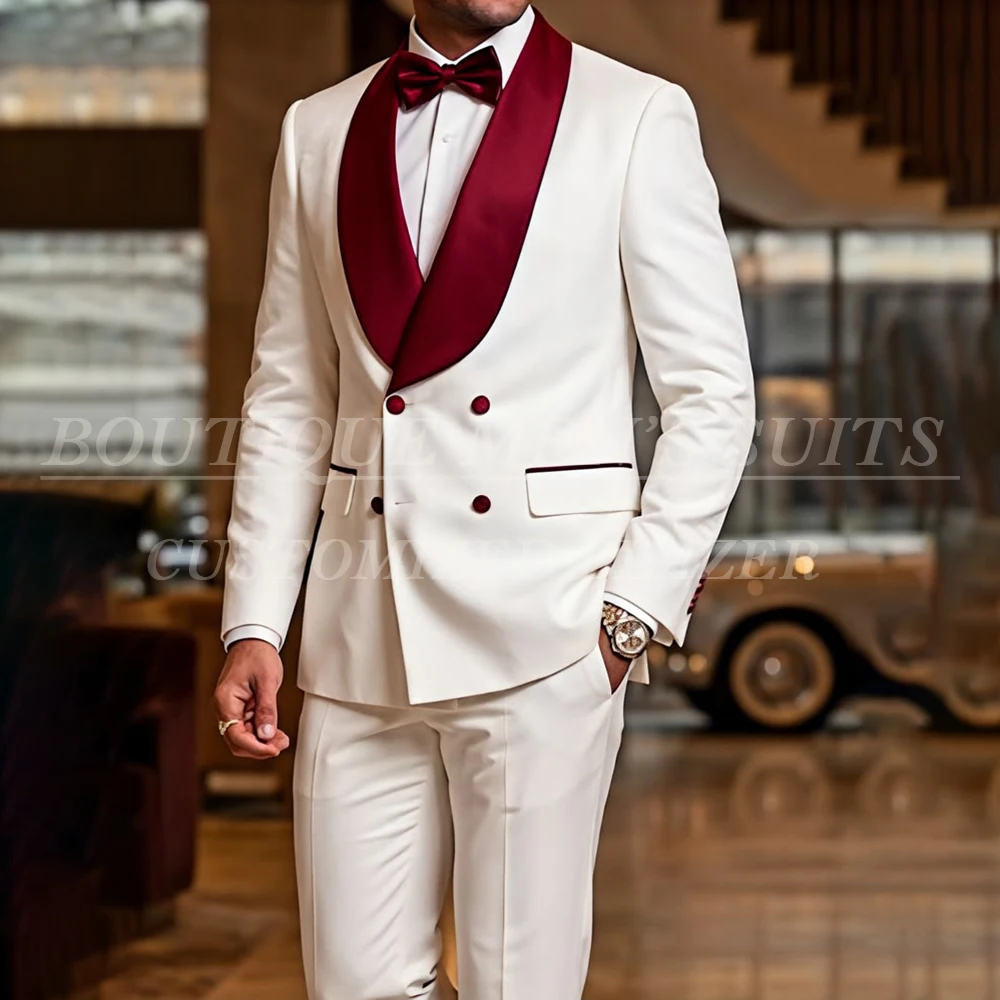 

Elegant Men's Suits For Wedding 2026 Customized Double Breasted Burgundy Shawl Lapel Slim Fit 2 Piece Jacket Pants Sets
