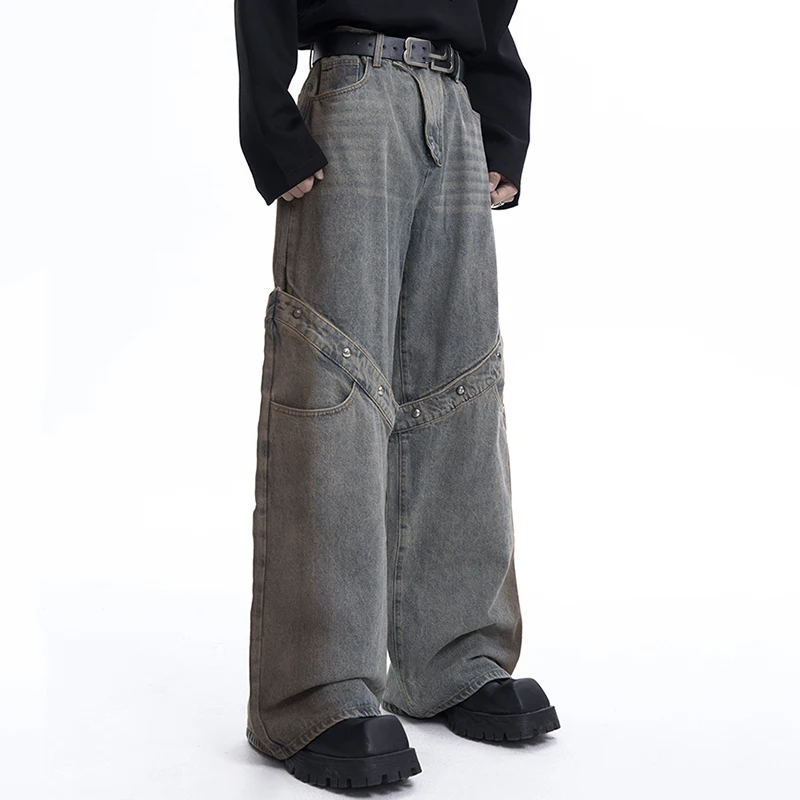 FEWQ Men's Niche Design Washed Metal Patchwork Jeans Vintage Straight Leg Wide Leg Pants Vintage Male Trousers 24E2181