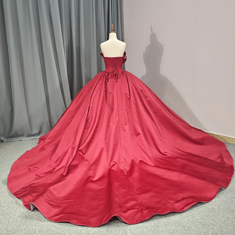 Jancember Strapless Sequins Ball Gown Lace Up Pleat Court Train Red Elegant Long Evening Bridesmaid Dress DY6681