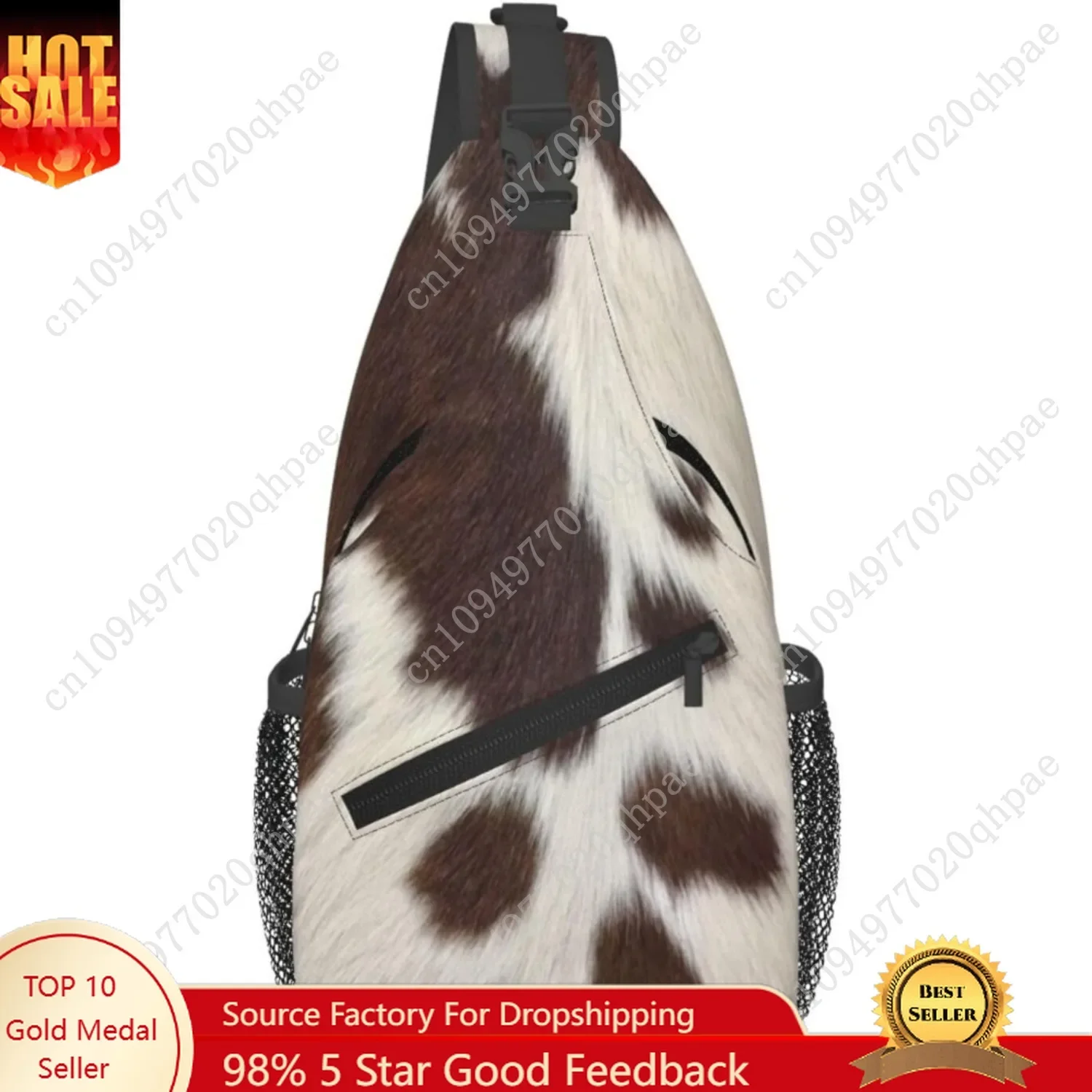 Cow Print Sling Bag for Women Crossbody Bag Brown White Cow Fur Texture Animal Skin Print Sling Backpack for Men Cute Farmhouse